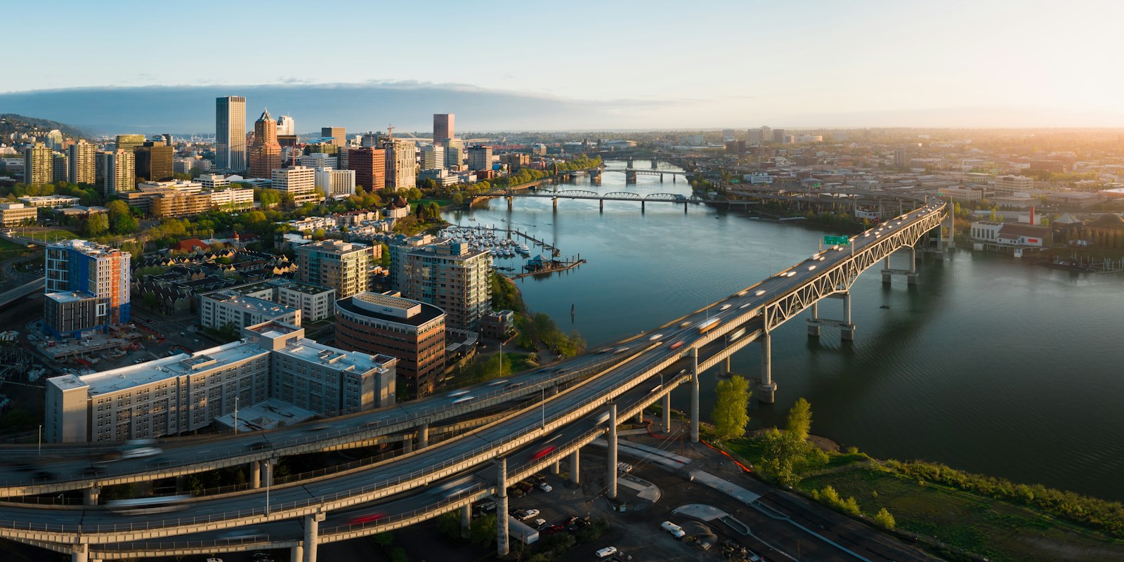 Aerial view of downtown Portland and the Marquam Bridge at sunrise